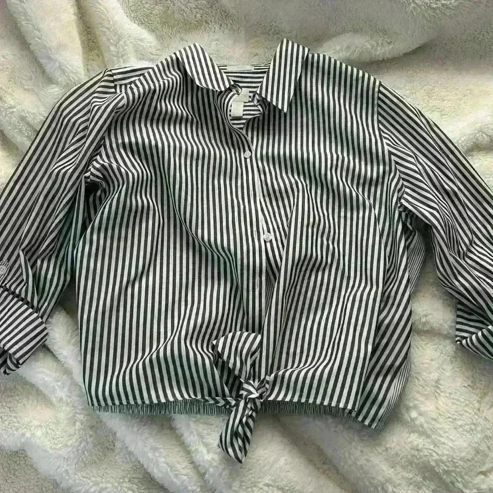 Chico's Black and White Striped Tie-Front Button-Up Shirt